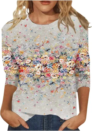 3/4 Length Sleeve Womens Tops 2024 Floral Print Vintage Casual Loose with Round Neck Plus Size Shirts