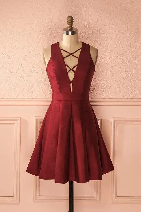A-Line Deep V-Neck Sleeveless Lace-up Burgundy Satin Homecoming Dress  PD386