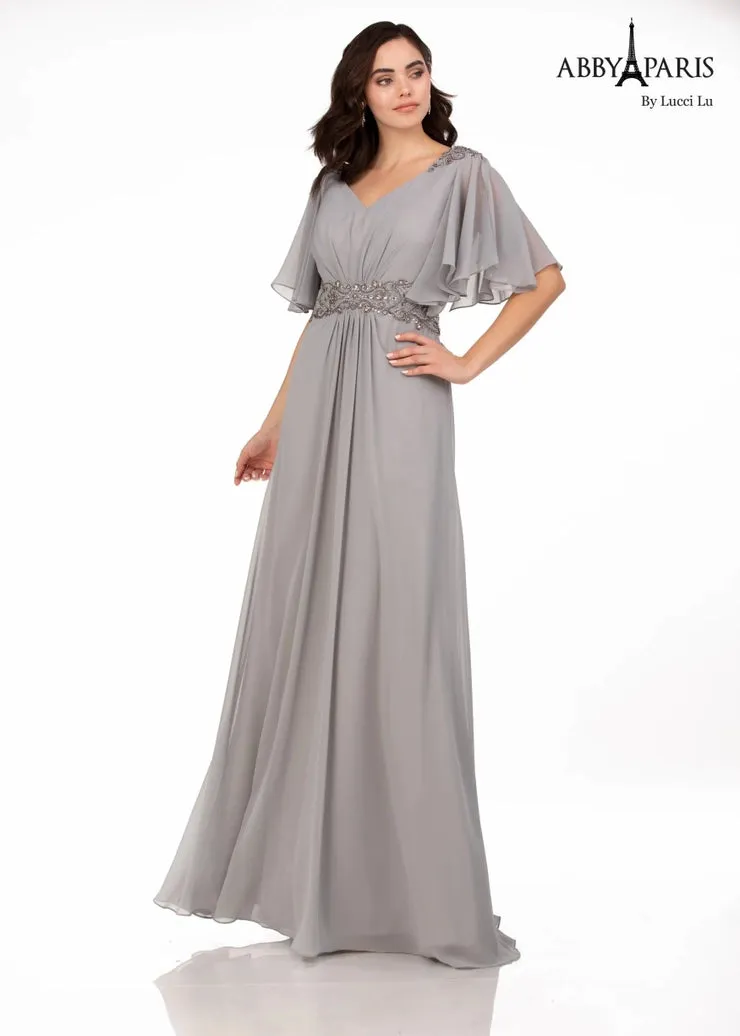 Abby Paris 986002W A-Line Pleated Crystal Detail Drape Sleeves V-Neck Plus Size MOB Gown