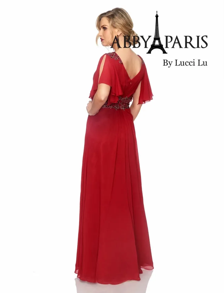 Abby Paris 986002W A-Line Pleated Crystal Detail Drape Sleeves V-Neck Plus Size MOB Gown