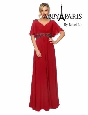 Abby Paris 986002W A-Line Pleated Crystal Detail Drape Sleeves V-Neck Plus Size MOB Gown