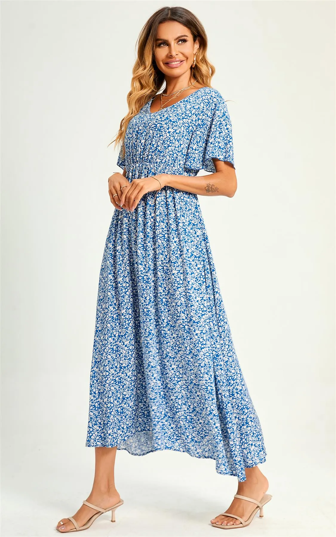 Angel Sleeve V Neck Floral Print Maxi Dress In Blue