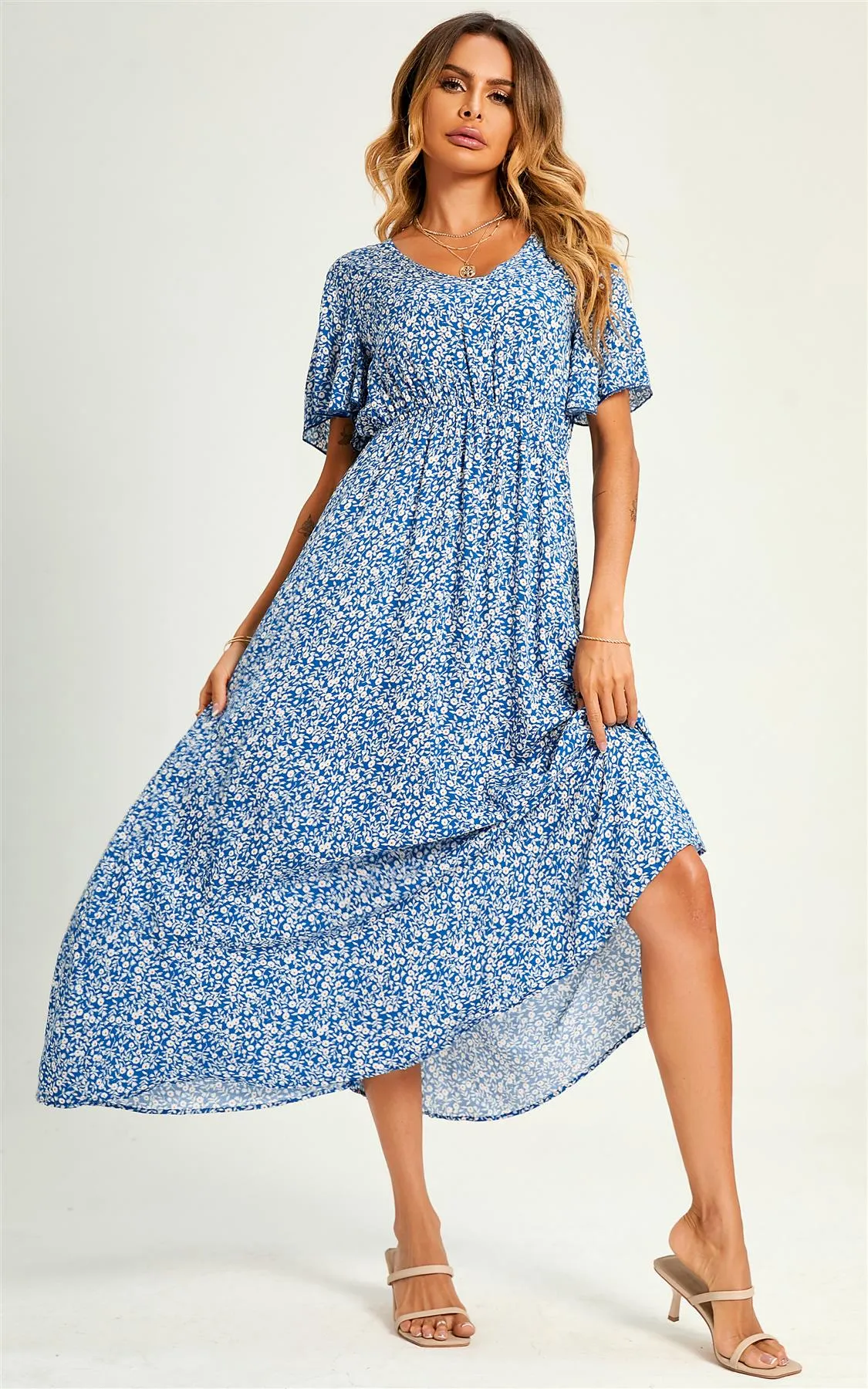Angel Sleeve V Neck Floral Print Maxi Dress In Blue