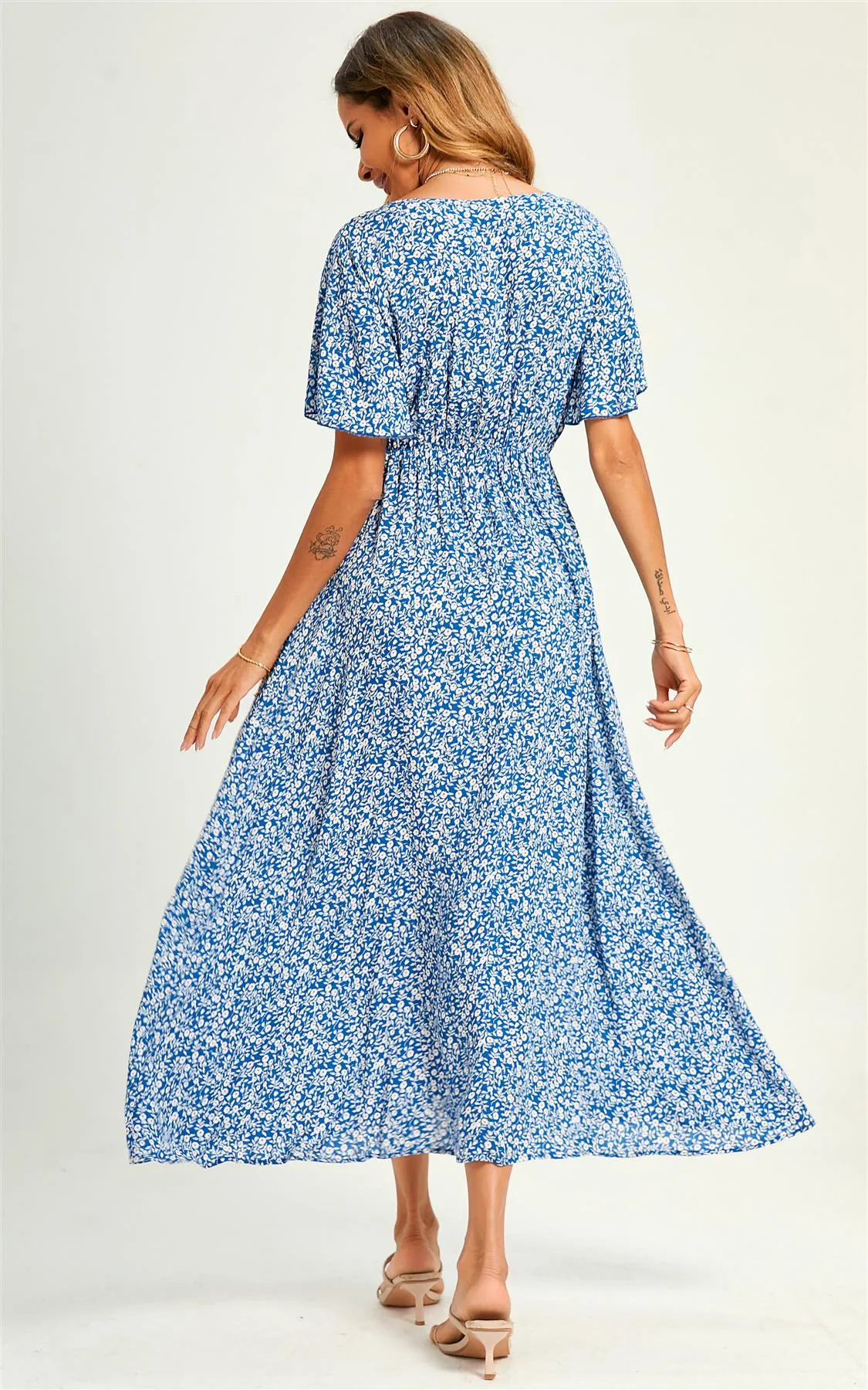 Angel Sleeve V Neck Floral Print Maxi Dress In Blue
