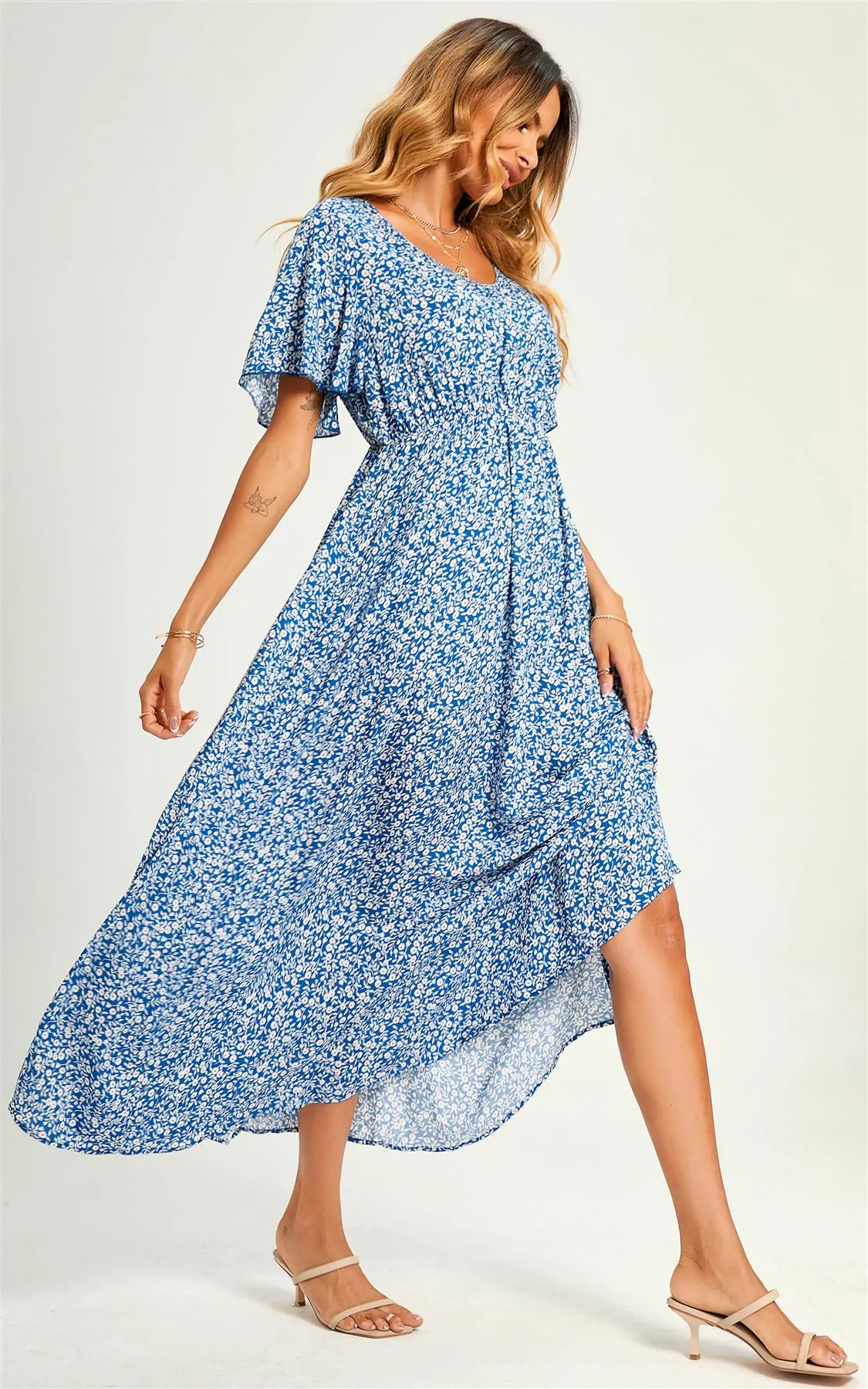Angel Sleeve V Neck Floral Print Maxi Dress In Blue
