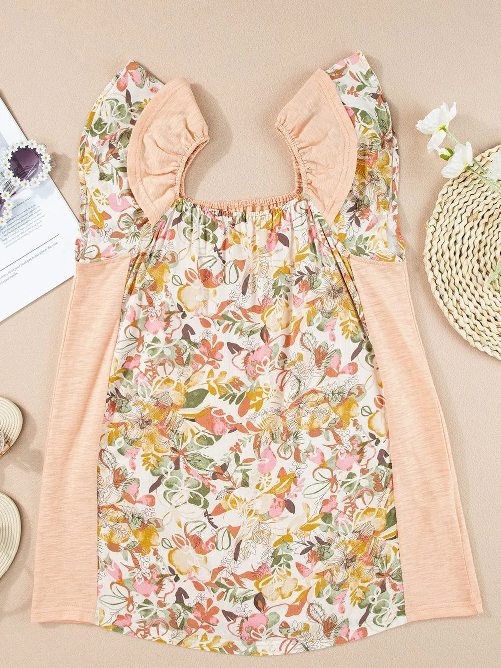 Apricot Pink Floral Ruffle Sleeve Square Neck Blouse - Southern Belle Style