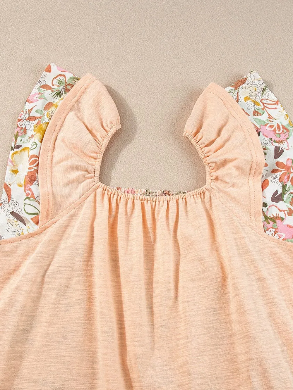 Apricot Pink Floral Ruffle Sleeve Square Neck Blouse - Southern Belle Style