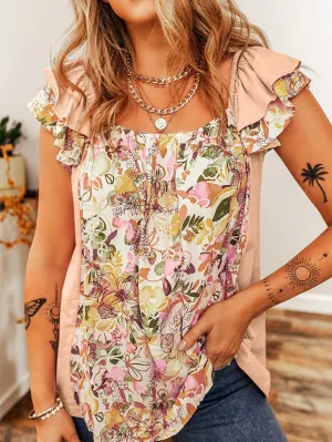 Apricot Pink Floral Ruffle Sleeve Square Neck Blouse - Southern Belle Style