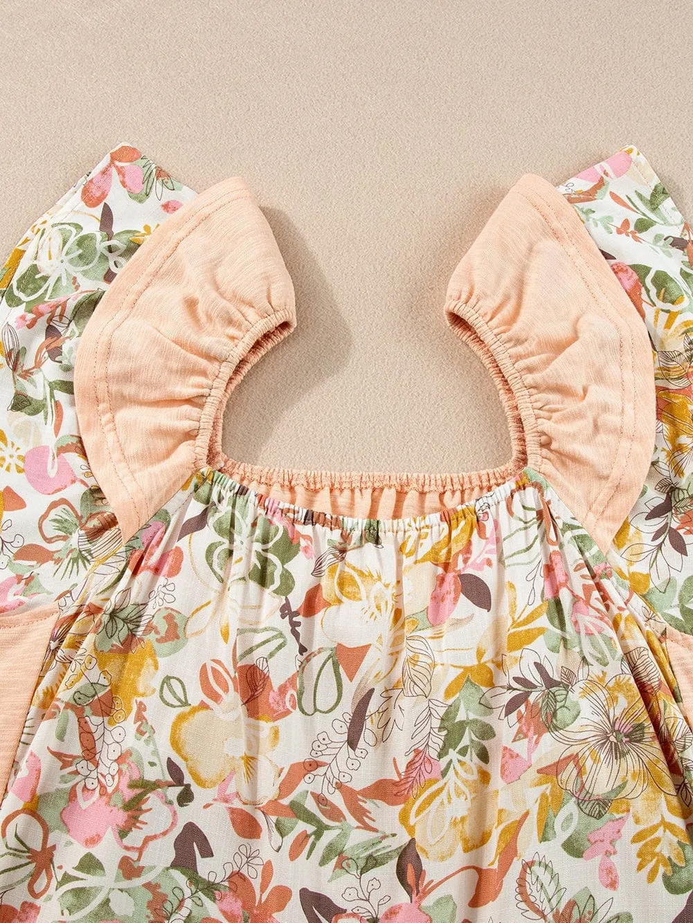 Apricot Pink Floral Ruffle Sleeve Square Neck Blouse - Southern Belle Style