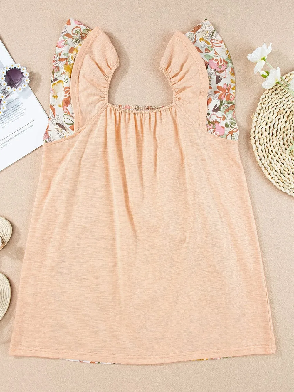 Apricot Pink Floral Ruffle Sleeve Square Neck Blouse - Southern Belle Style