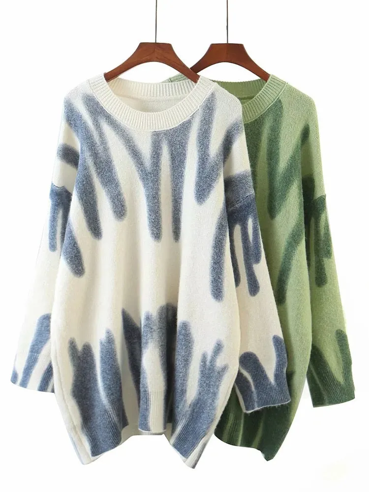 Aproms Elegant Green Striped Print Pullovers Women Winter O-Neck Loose Long Sweaters Streetwear Warm Outerwear