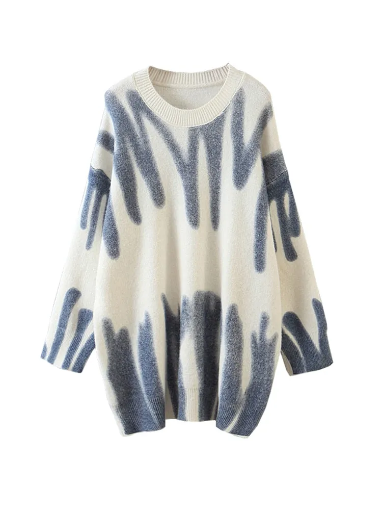 Aproms Elegant Green Striped Print Pullovers Women Winter O-Neck Loose Long Sweaters Streetwear Warm Outerwear