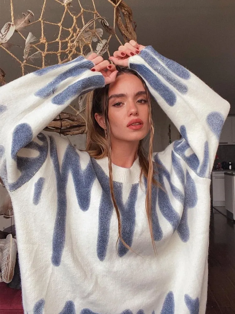 Aproms Elegant Green Striped Print Pullovers Women Winter O-Neck Loose Long Sweaters Streetwear Warm Outerwear