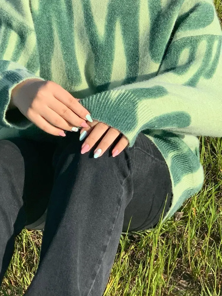 Aproms Elegant Green Striped Print Pullovers Women Winter O-Neck Loose Long Sweaters Streetwear Warm Outerwear