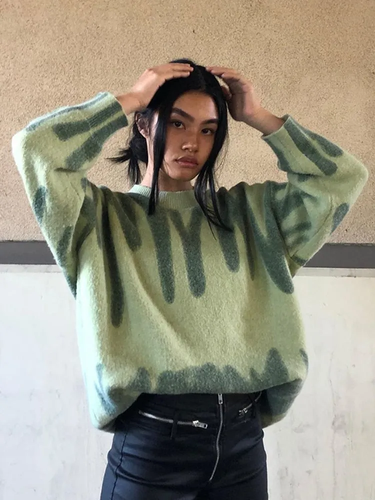 Aproms Elegant Green Striped Print Pullovers Women Winter O-Neck Loose Long Sweaters Streetwear Warm Outerwear