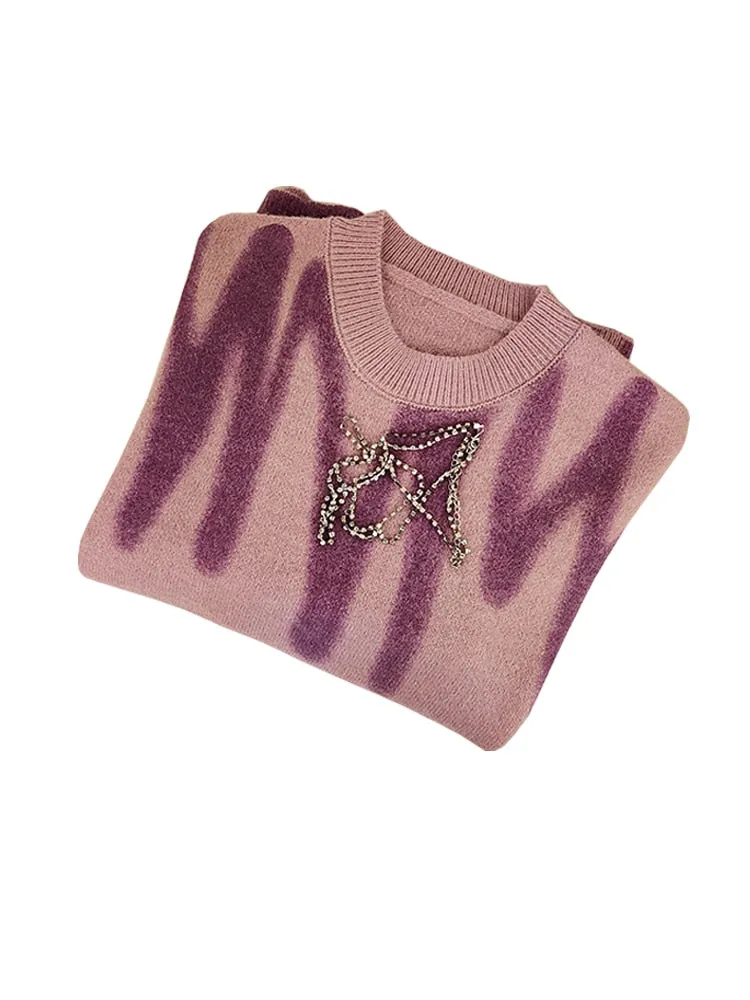 Aproms Elegant Green Striped Print Pullovers Women Winter O-Neck Loose Long Sweaters Streetwear Warm Outerwear
