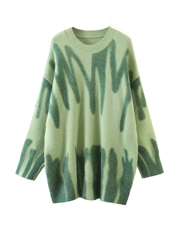 Aproms Elegant Green Striped Print Pullovers Women Winter O-Neck Loose Long Sweaters Streetwear Warm Outerwear