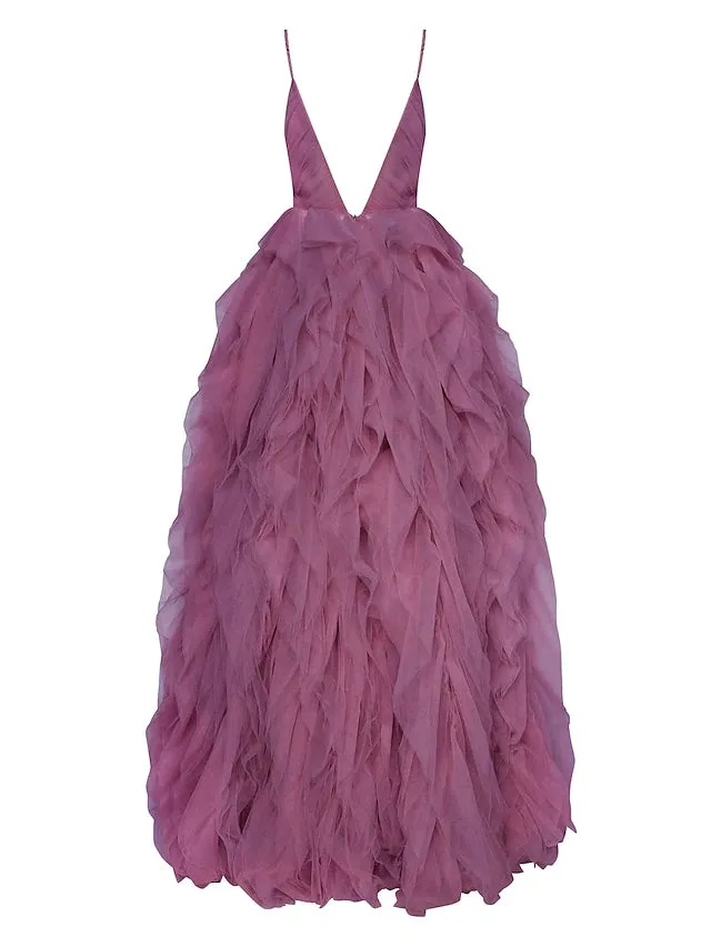 Ball Gown Beautiful Back Elegant Prom Formal Evening Dress V Neck Sleeveless Tulle with Ruffles
