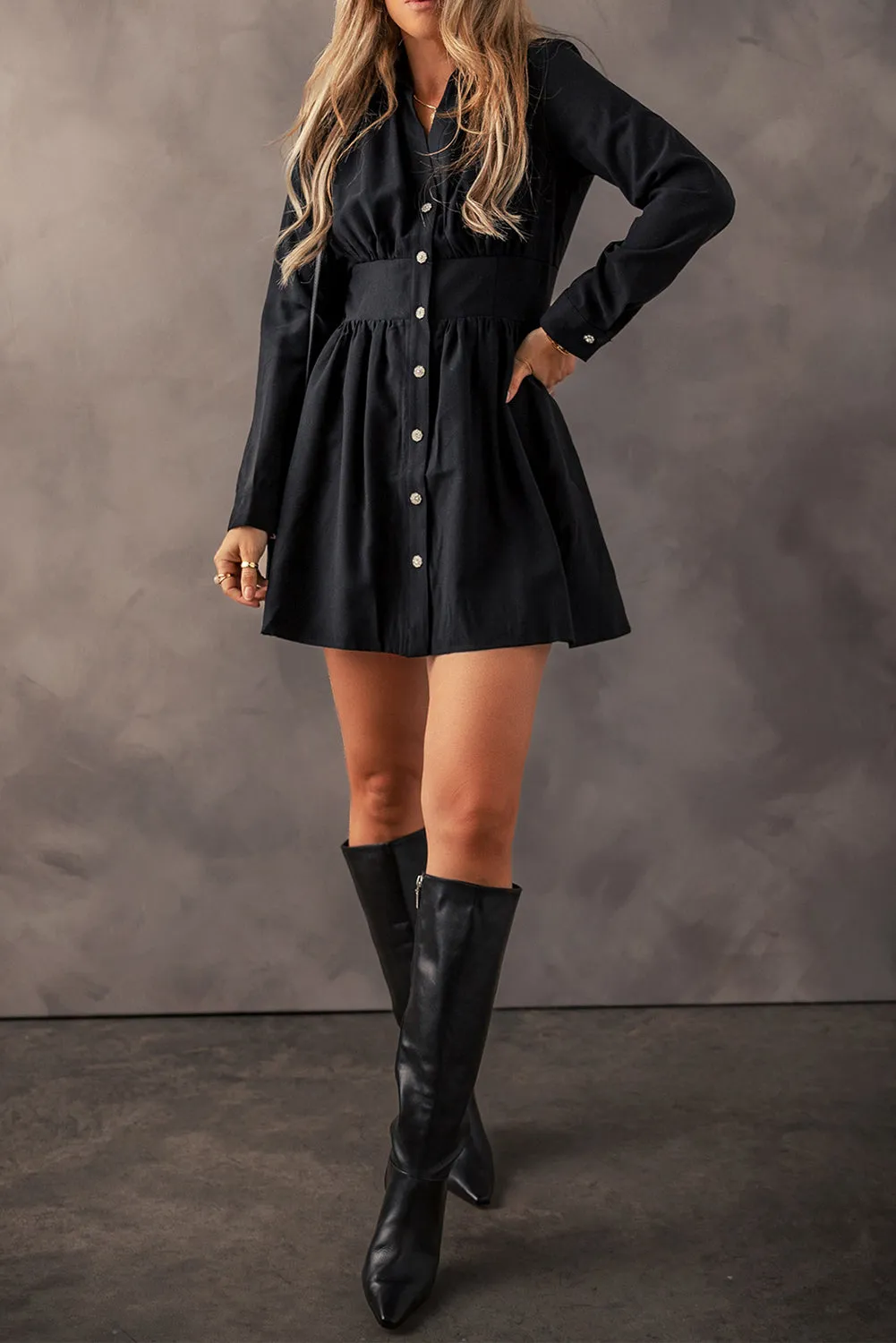 Black Dress with V Neck and Buttons
