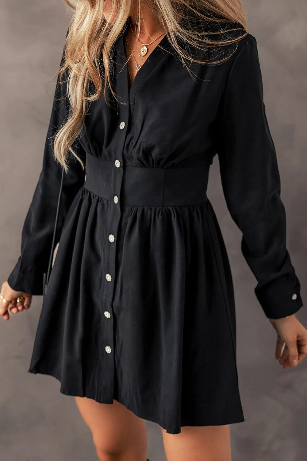 Black Dress with V Neck and Buttons