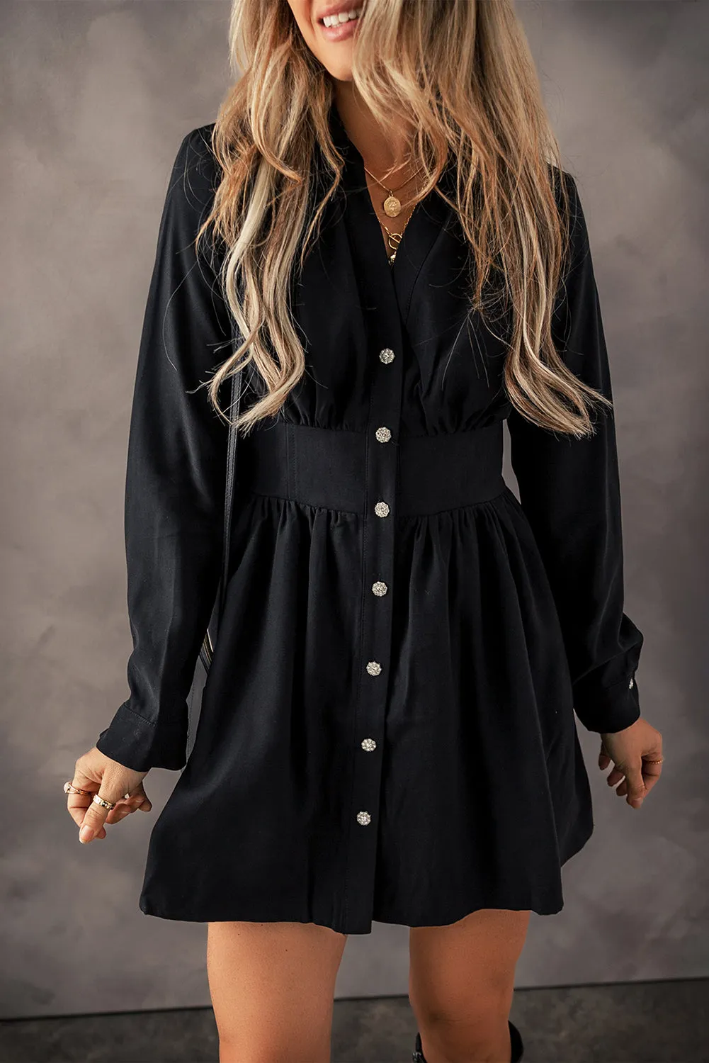 Black Dress with V Neck and Buttons