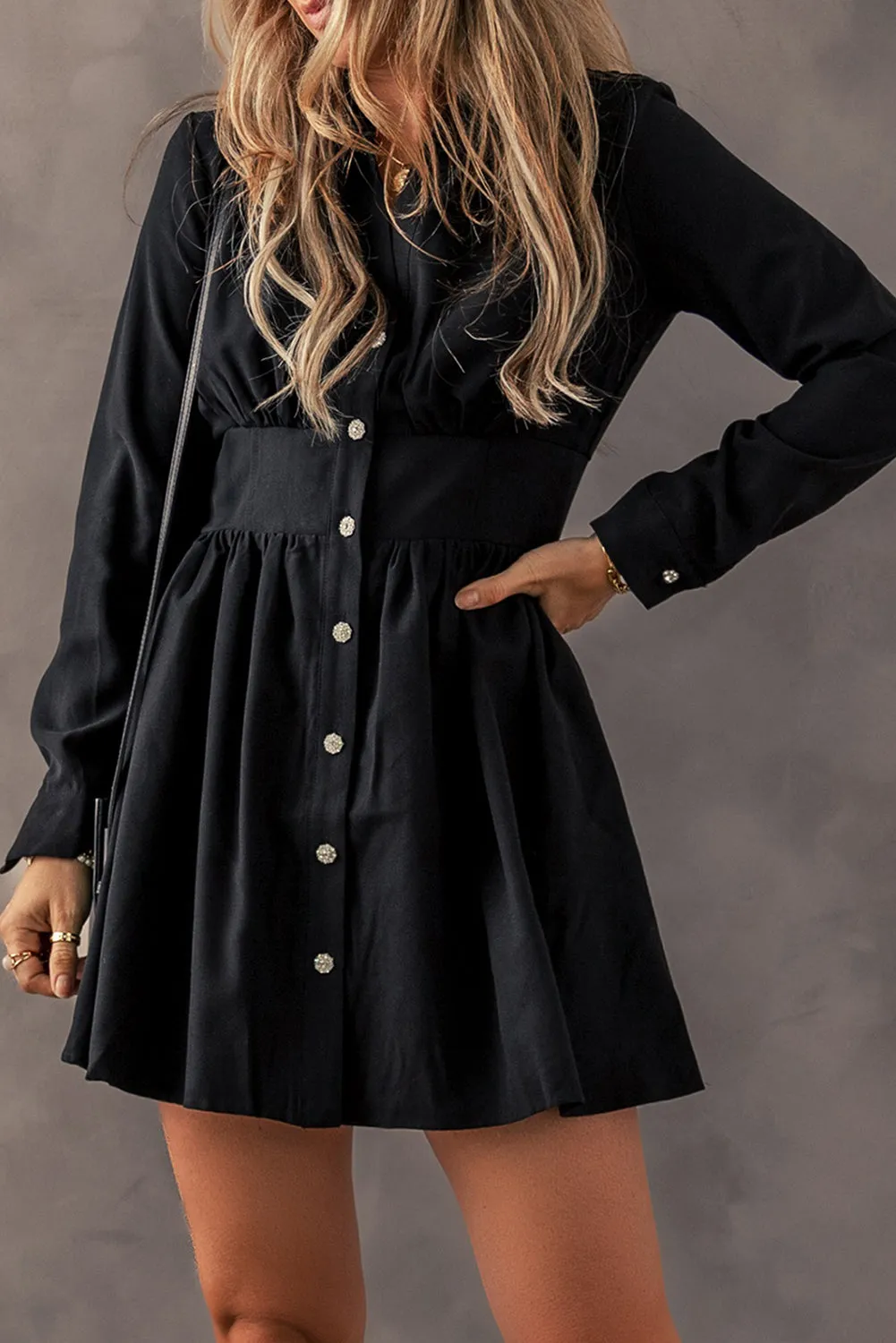 Black Dress with V Neck and Buttons