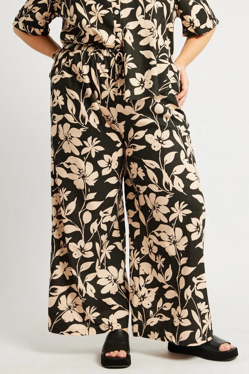 Black Floral Drawstring Wide Leg Linen Pants