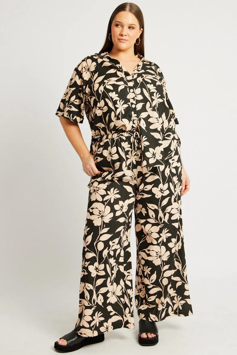 Black Floral Drawstring Wide Leg Linen Pants