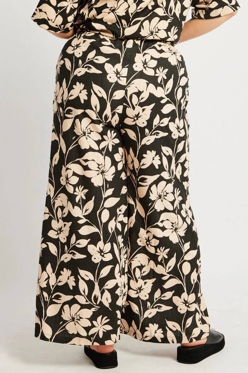 Black Floral Drawstring Wide Leg Linen Pants