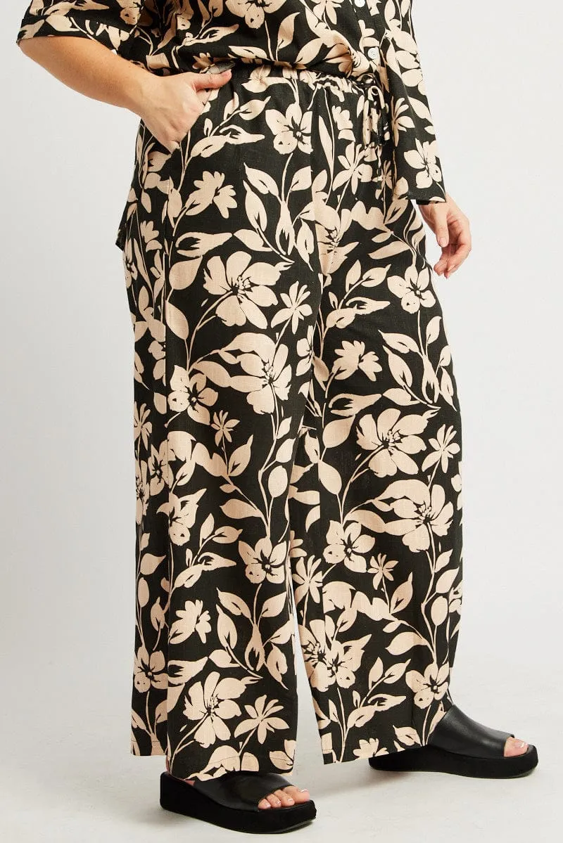 Black Floral Drawstring Wide Leg Linen Pants