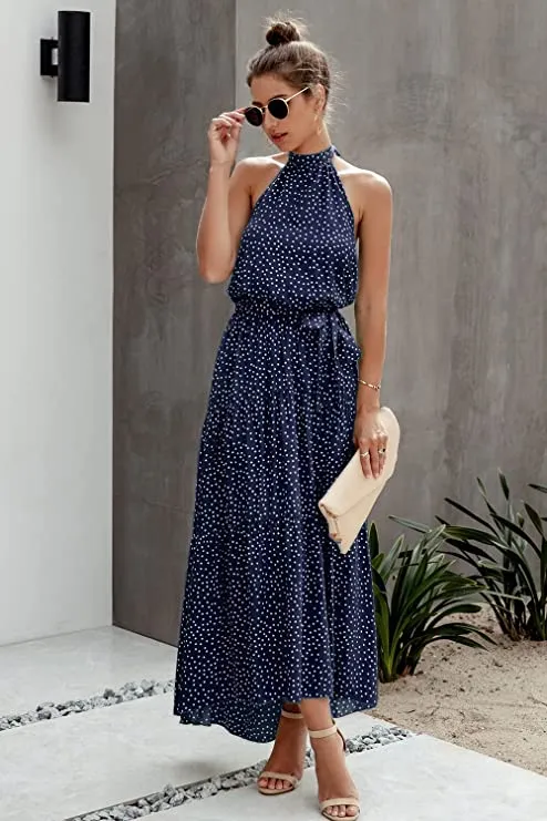 Black Women's Casual Halter Neck Sleeveless Floral Long Maxi Dress Backless Loose Ruffle Sundress with Belt - PRETTYGARDEN
