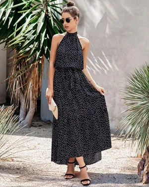 Black Women's Casual Halter Neck Sleeveless Floral Long Maxi Dress Backless Loose Ruffle Sundress with Belt - PRETTYGARDEN