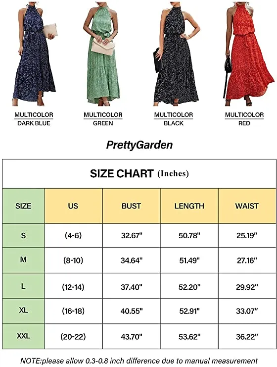 Black Women's Casual Halter Neck Sleeveless Floral Long Maxi Dress Backless Loose Ruffle Sundress with Belt - PRETTYGARDEN