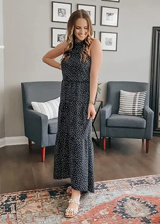 Black Women's Casual Halter Neck Sleeveless Floral Long Maxi Dress Backless Loose Ruffle Sundress with Belt - PRETTYGARDEN