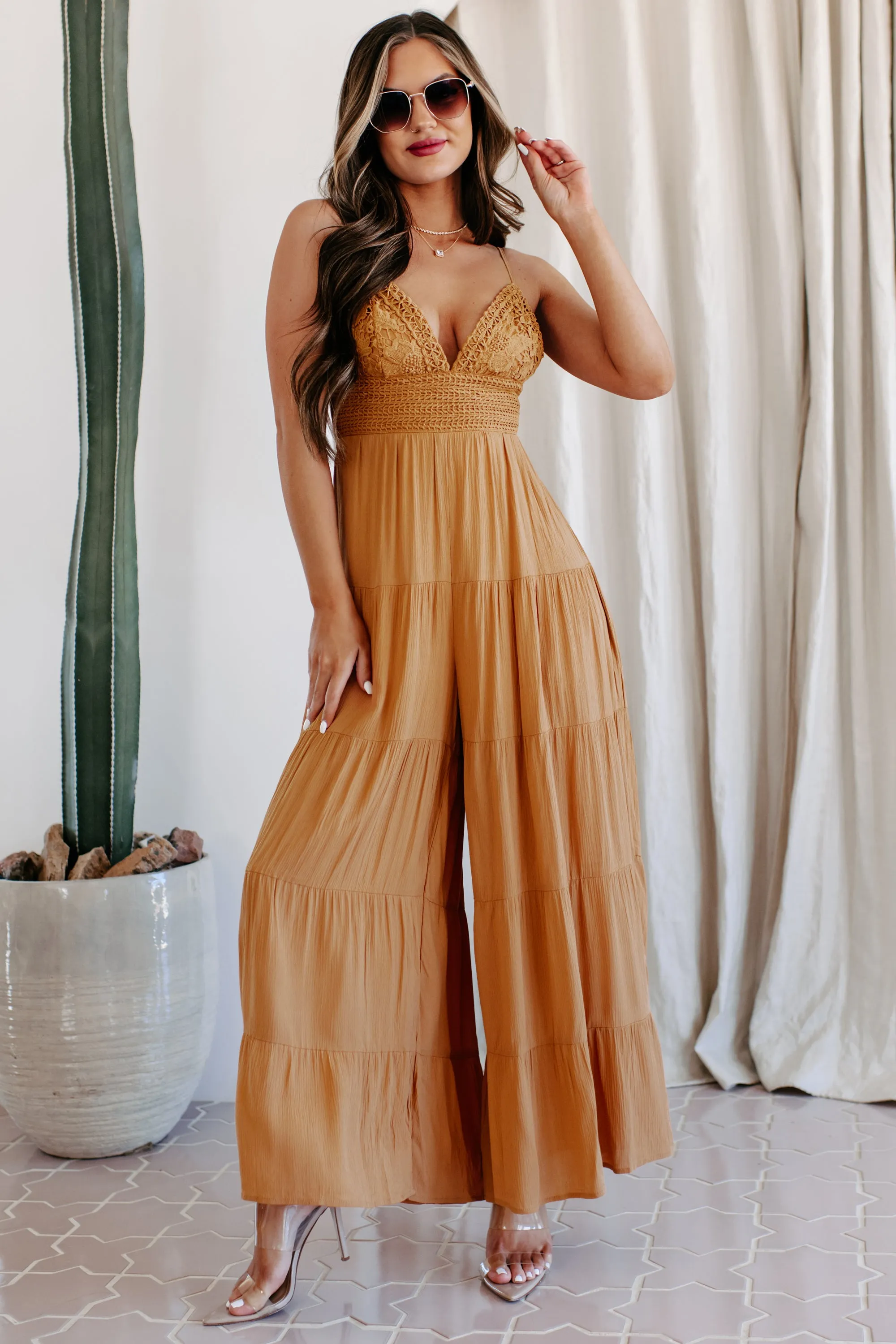 Boho Soul Crochet Lace Wide Leg Jumpsuit (Ginger)