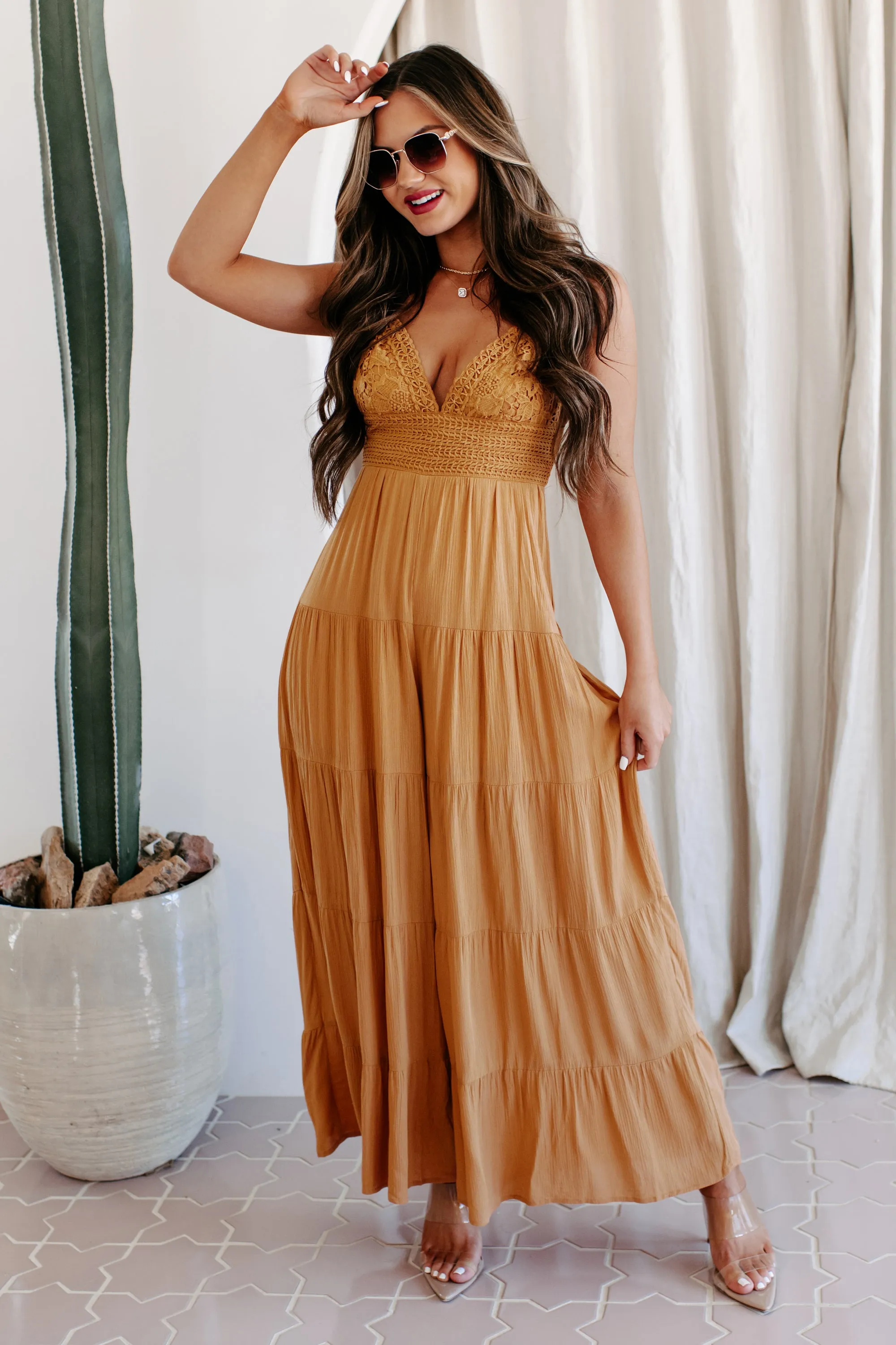 Boho Soul Crochet Lace Wide Leg Jumpsuit (Ginger)