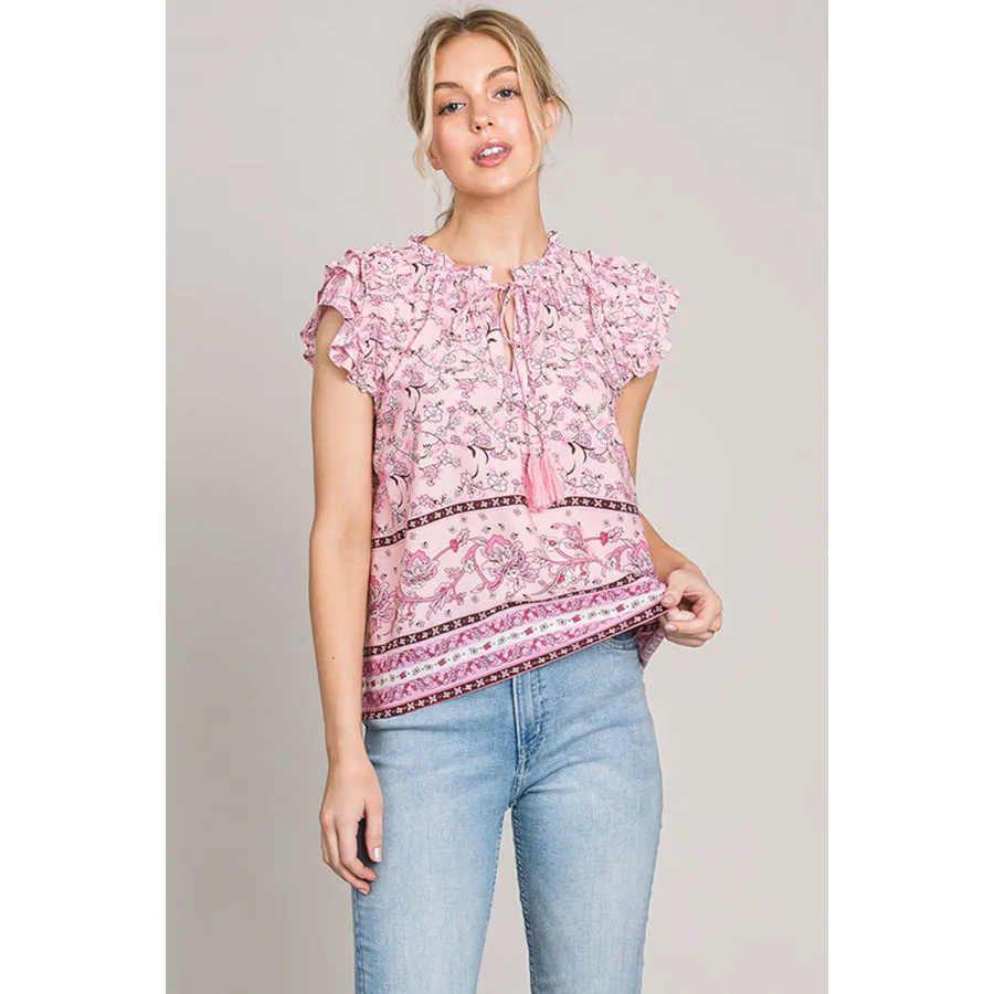 Cotton Bleu by Nu Lab Print Ruffle Sleeve Detail Blouse