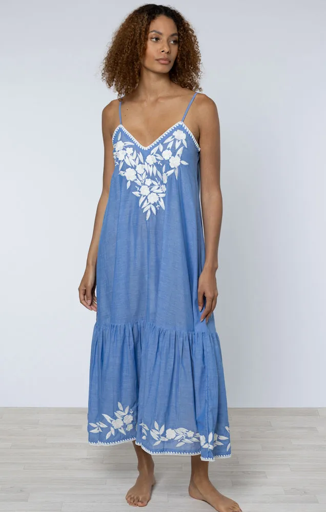 Denim & Cream Floral Embroidered Midi Dress
