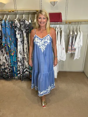 Denim & Cream Floral Embroidered Midi Dress