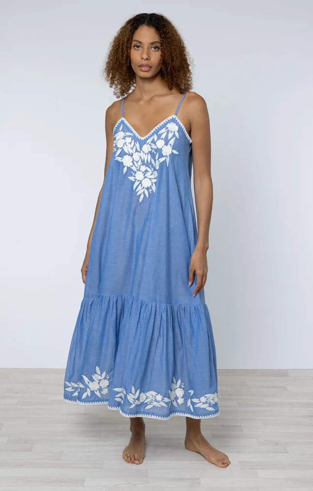 Denim & Cream Floral Embroidered Midi Dress