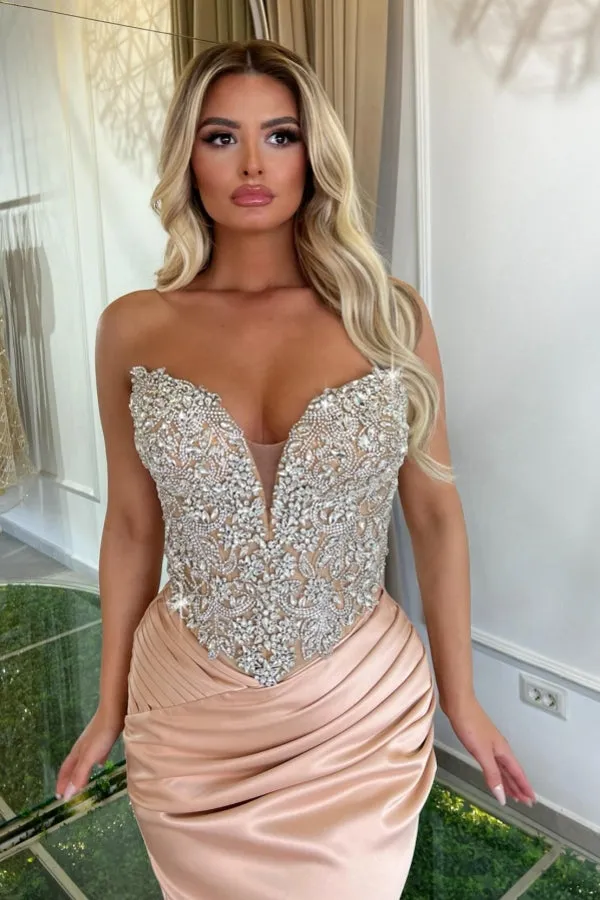 Designer Long Pink Mermaid V-neck Strapless Lace Satin Prom Dress with Rhinestones