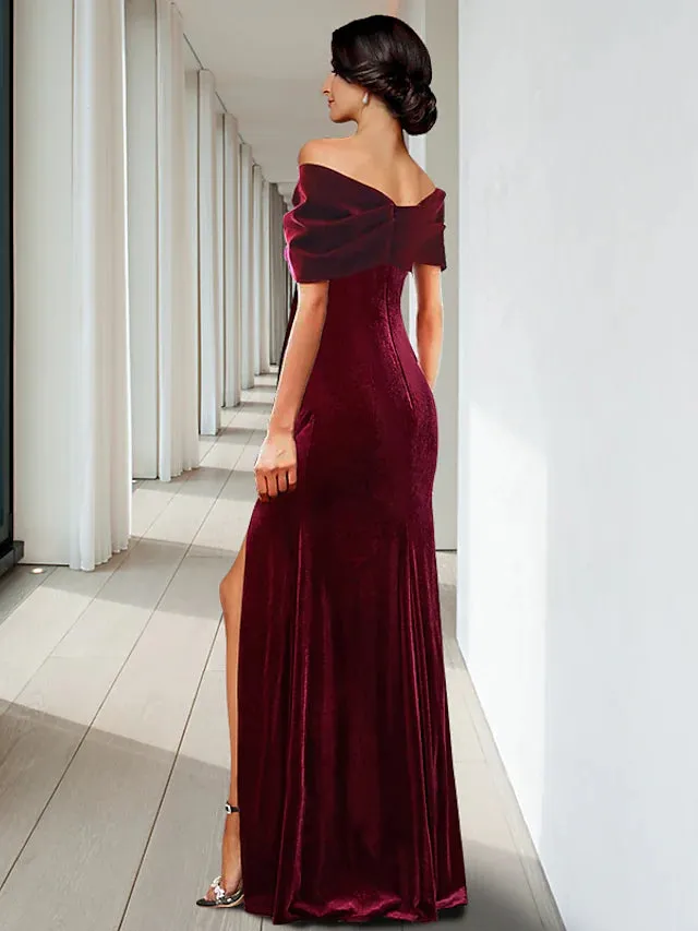 Evening Gown Elegant Dress Wedding Guest Floor Length Sleeveless V Neck Velvet with Pleats Ruffles