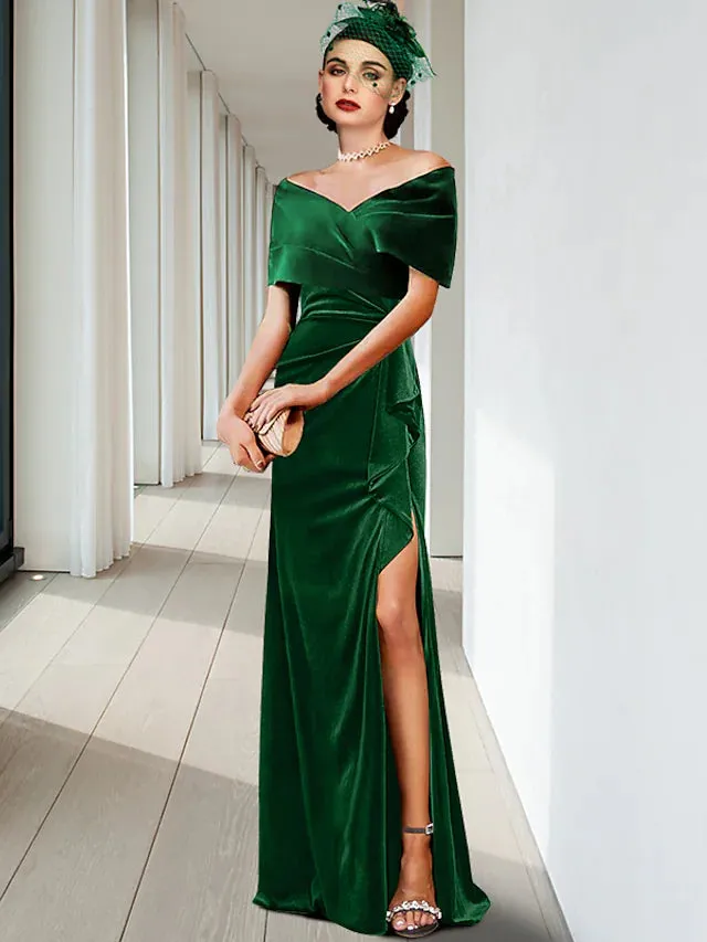 Evening Gown Elegant Dress Wedding Guest Floor Length Sleeveless V Neck Velvet with Pleats Ruffles