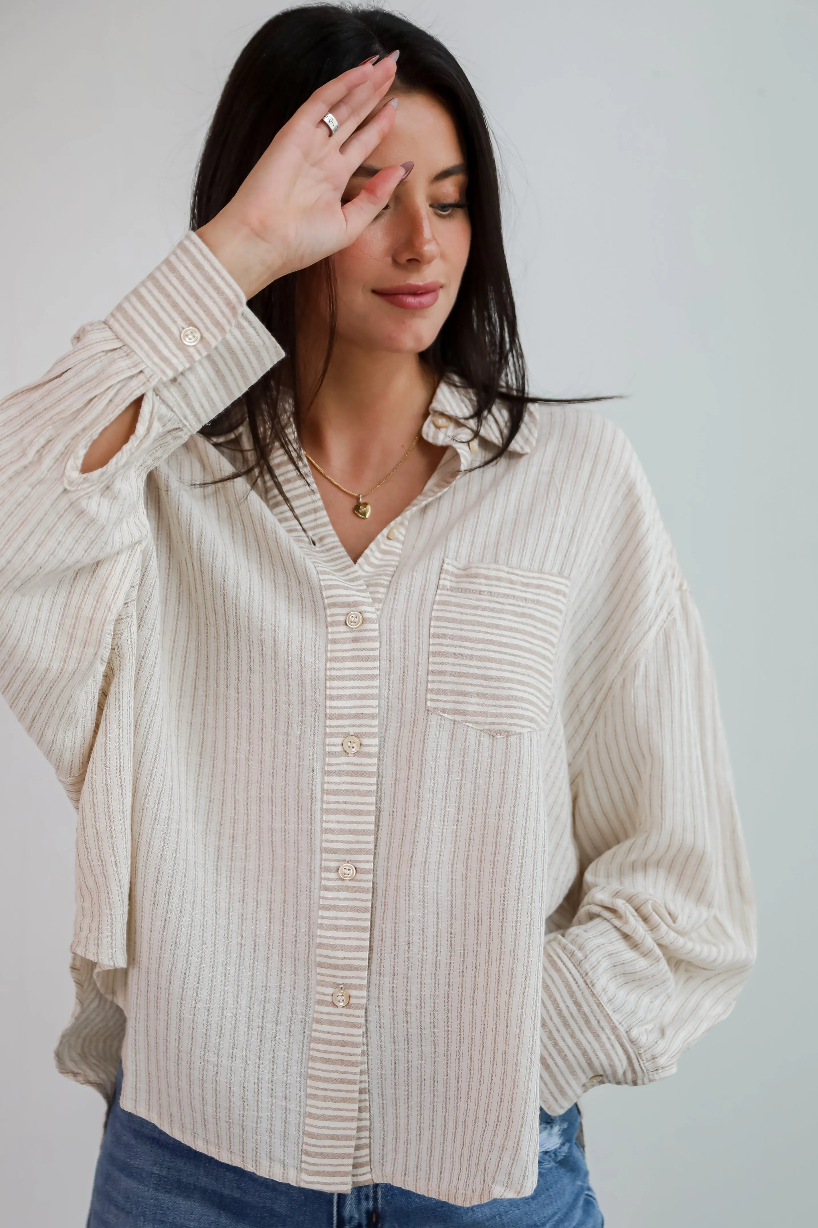 FINAL SALE - Adored Pose Taupe Striped Button-Up Blouse