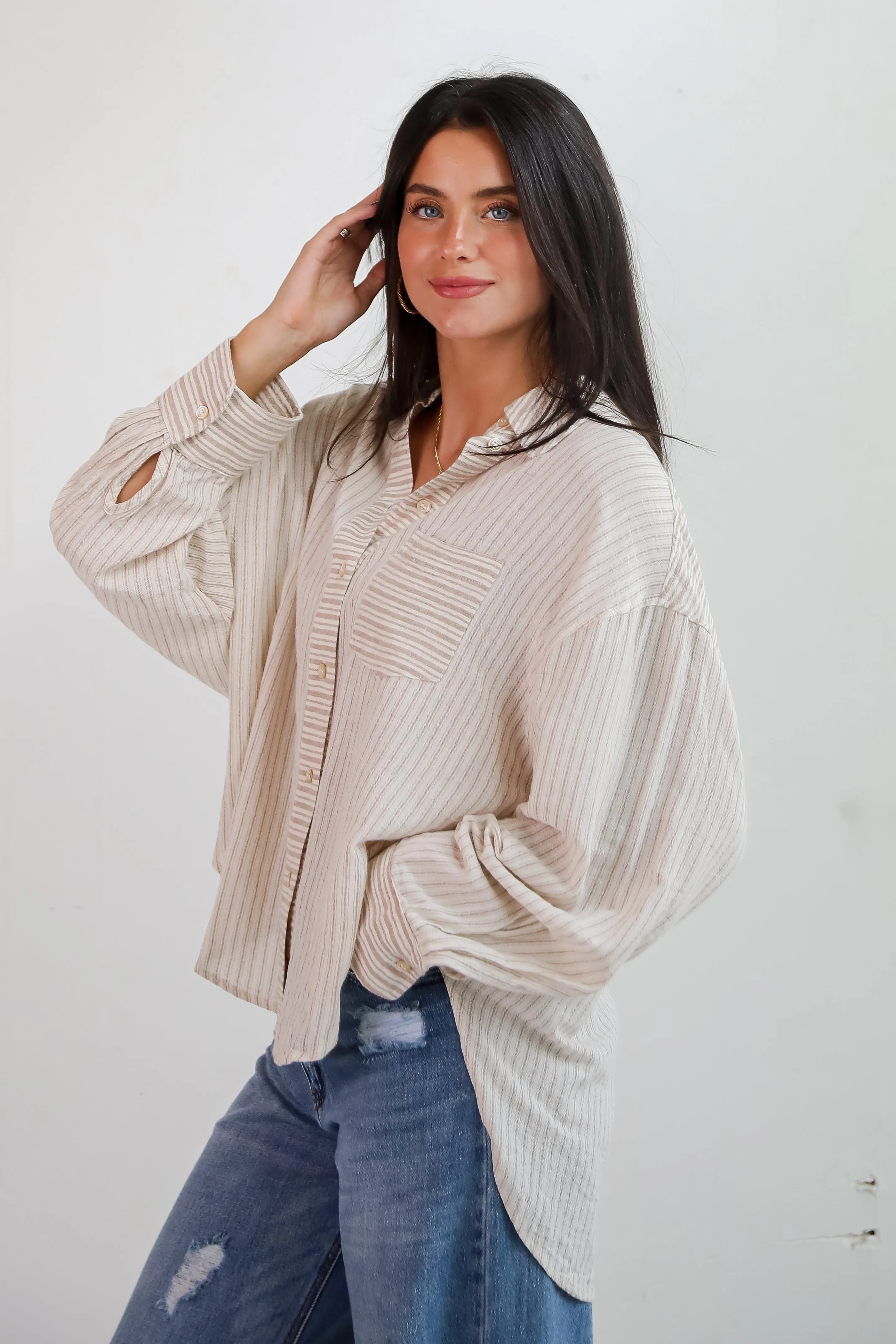 FINAL SALE - Adored Pose Taupe Striped Button-Up Blouse