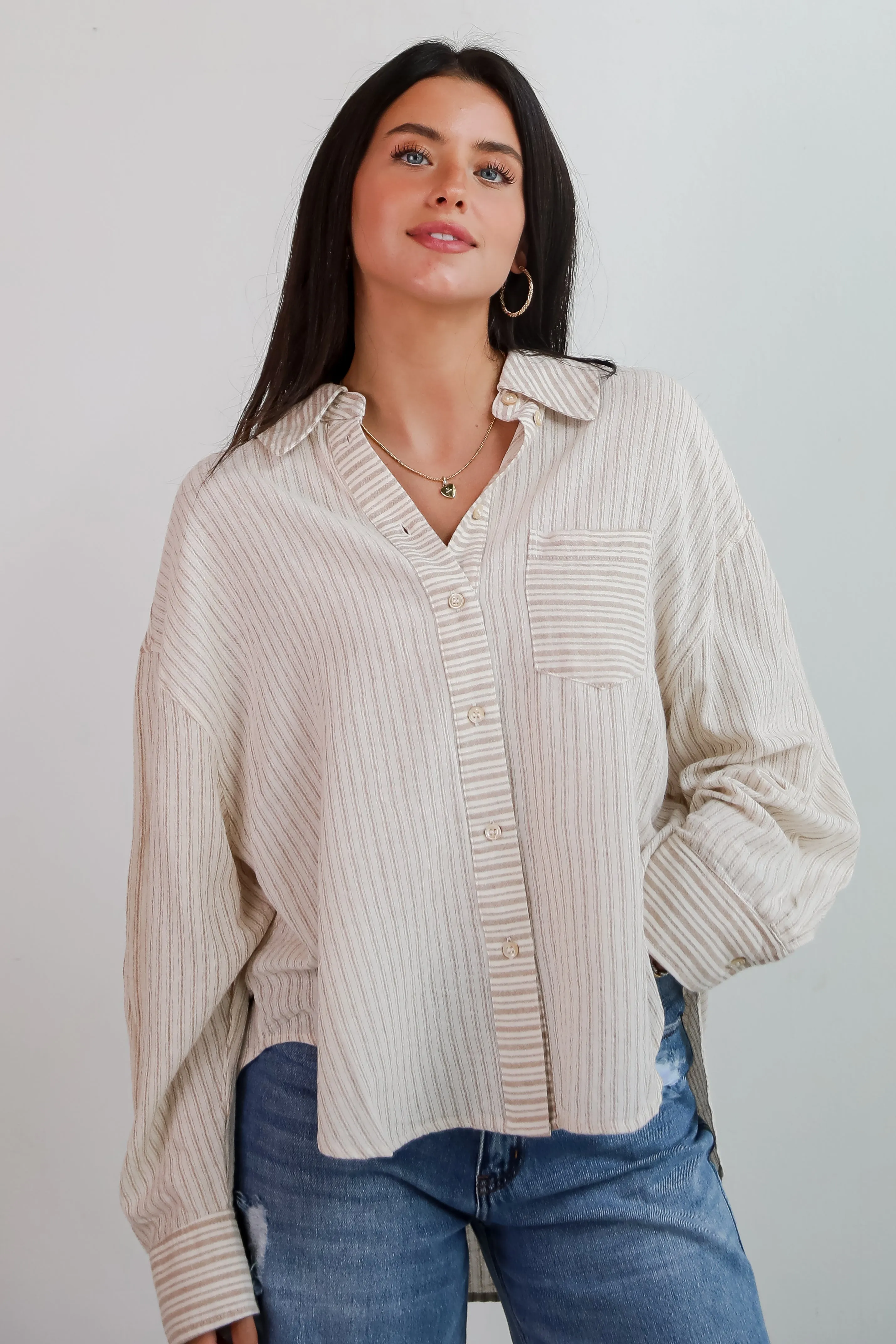 FINAL SALE - Adored Pose Taupe Striped Button-Up Blouse