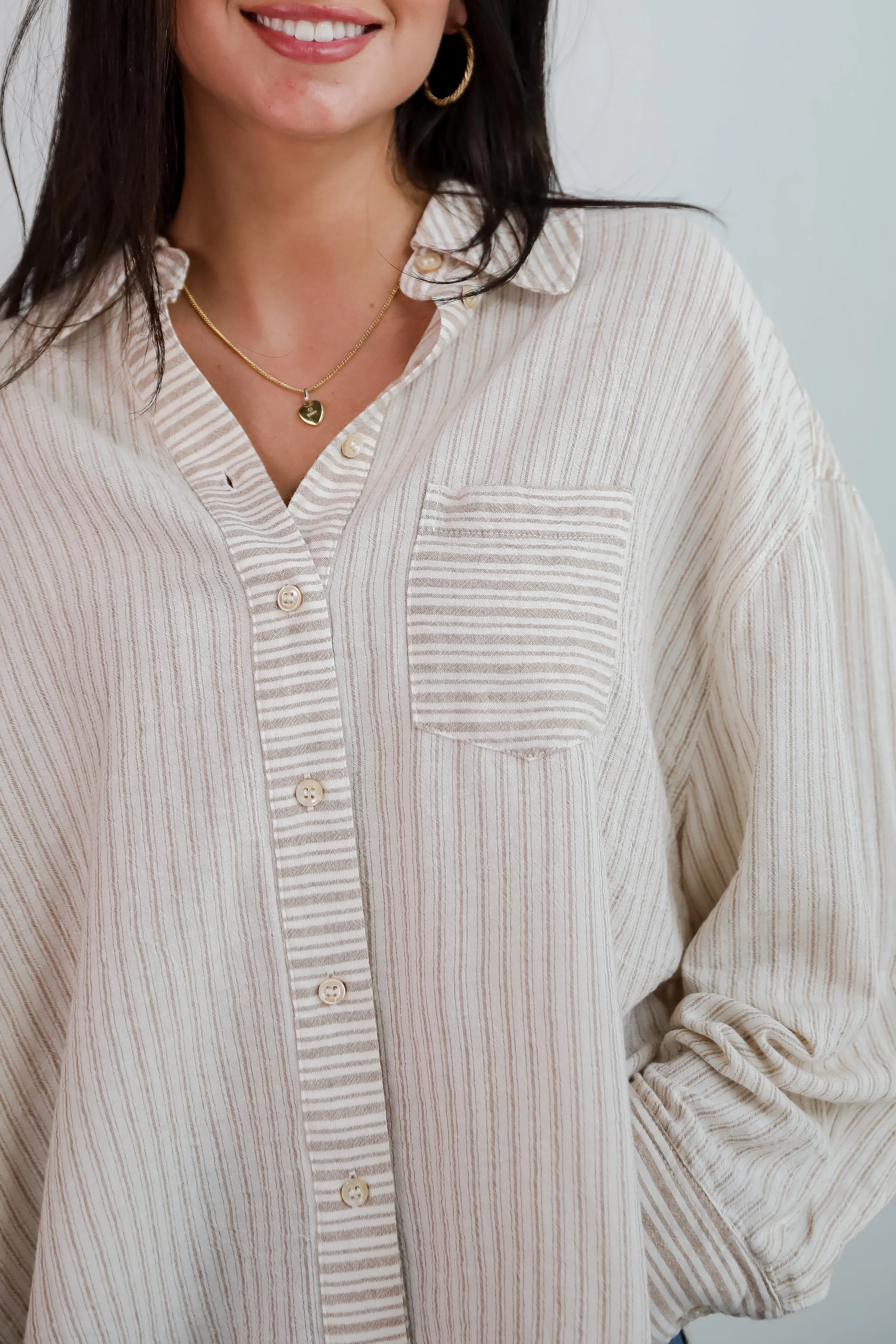FINAL SALE - Adored Pose Taupe Striped Button-Up Blouse