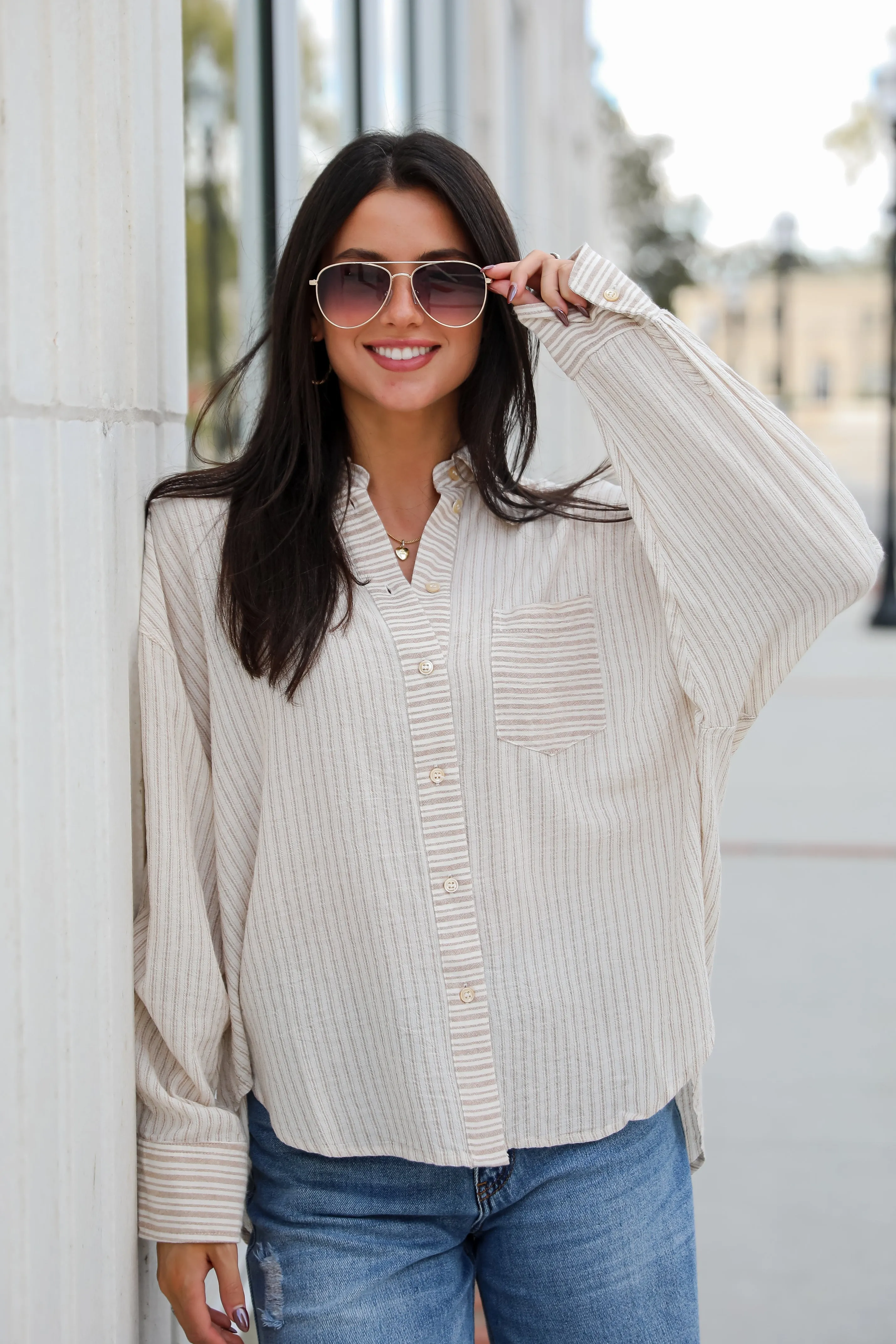 FINAL SALE - Adored Pose Taupe Striped Button-Up Blouse