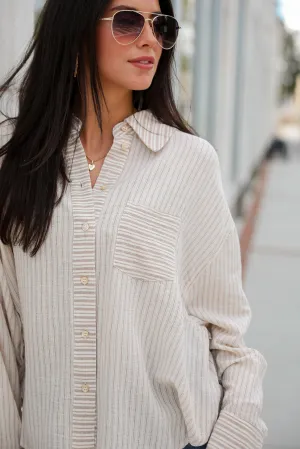 FINAL SALE - Adored Pose Taupe Striped Button-Up Blouse