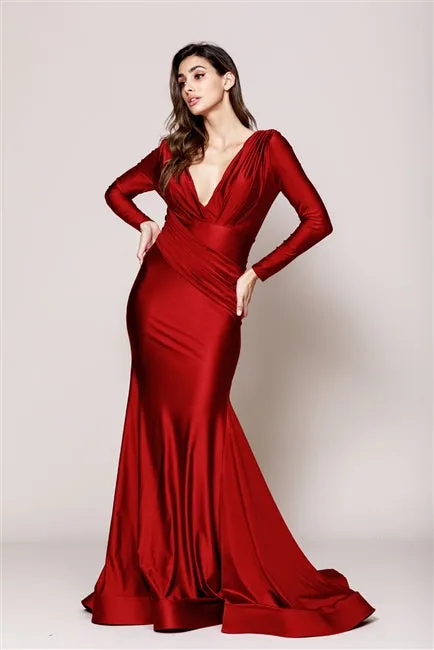 Fitted Satin Long Sleeves Open Back Green Evening Gown AC381